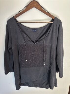 American Eagle Outfitters Charcoal Embroidered V-Neck Pullover